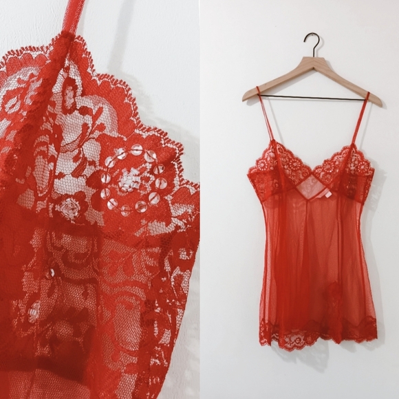 Victoria's Secret Other - victoria's secret bombshell red beaded embroidered sheer mesh lace slip chemise